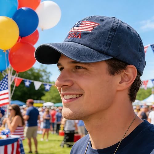 Image of IZUS Men's USA-Flag-Embroidered Baseball-Cap Washed-Cotton Dad-Tracker-Hat American-Independence-Day