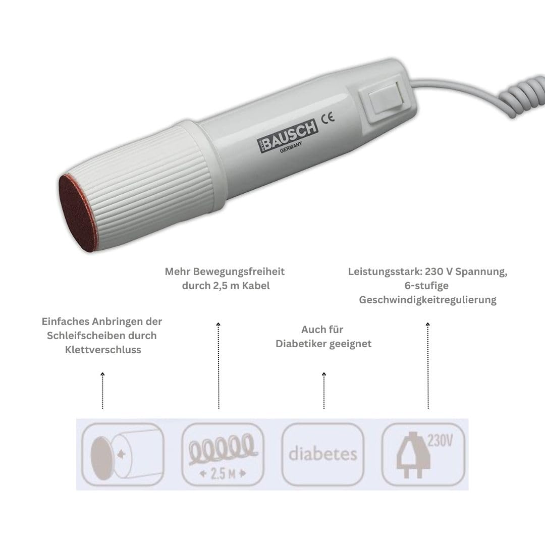 Bausch 0321 Hornhautschleifer PEDIPEEL inkl 6 Schleifscheiben, schonende, schmerzfreie Hornhautentfernung an Fersen, Ballen, Ellenbogen etc., Fußpflege für Diabetiker und empfindliche Haut geeignet