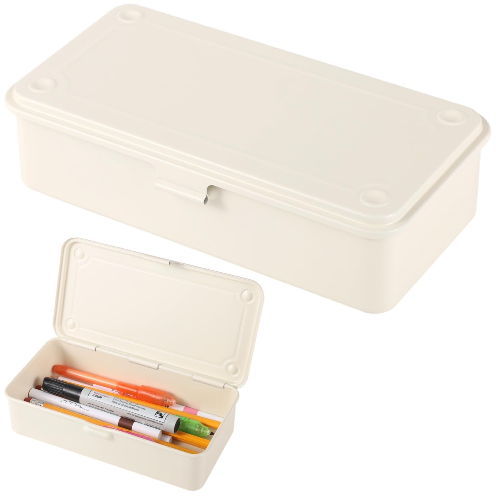 Steel Storage Box with Hinged Lid, Metal Container for Scrapbook Stamps, Rectangular Empty Hinged Metal Tool Box, Storage Organizer for Pegs, Pens, Stationary, White
