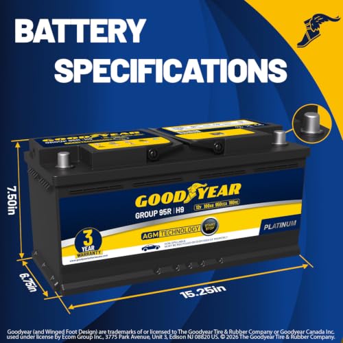Image of Goodyear 95R-H9-AGM BCI Group Size 95R 12V 100 AH, 190RC, 950 CCA Platinum series Rechargeable AGM Maintenance Free Automotive Battery