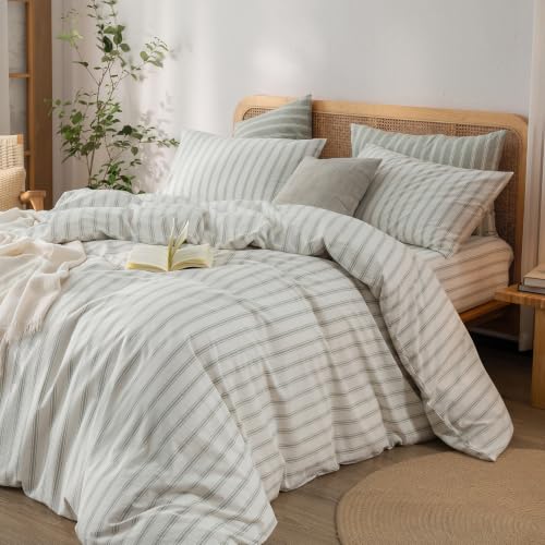 Image of BESTOUCH Striped Cotton Duvet Cover Set Linen Feel Queen | 100% Washed Cotton, Soft Wrinkle Texture, Hidden Zipper, 8 Ties, Breathable Lightweight Durable Comfy, 3 Pcs No Insert