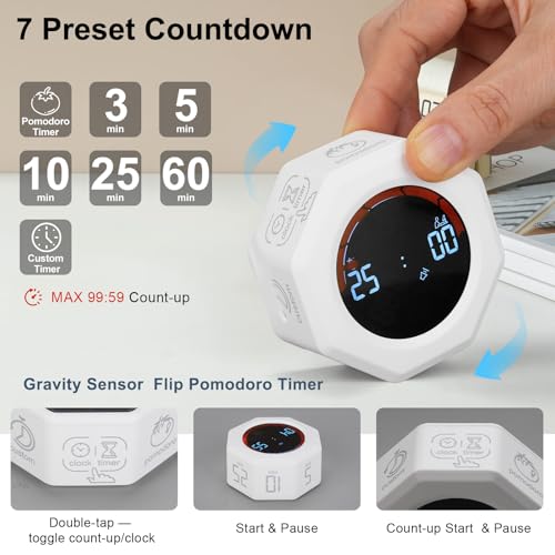 Image of Small Productivity Timer - Pomodoro Timer with 3 /5 /10 /25 /60 Min Presets & Custom Countdown | Magnetic Rechargeable Digital Clock for Desk, Study and Games (White)