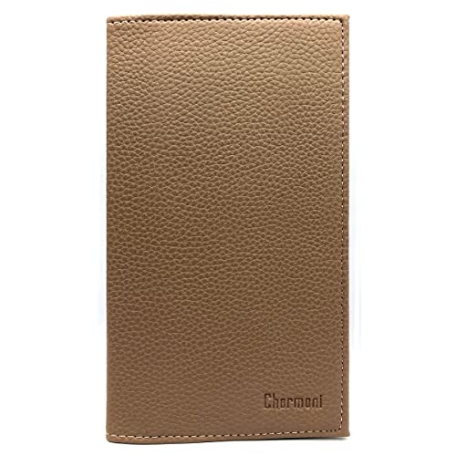 Charmoni - Schutzhülle für Scheckheft oben – 2 Fächer für Kreditkarten – Ausweis – Rindsleder – 11 cm x 19 cm, taupe, one size, Klassisch