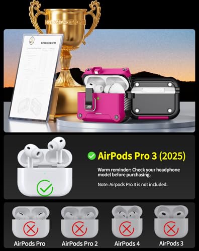 Image of Pohgelan for AirPods Pro 3 Case with Safety Lock-Rose red | Magnetic Automatic Lock with Cleaning Kit&Keychain,Compatible with Magsafe