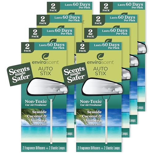 Image of Enviroscent Non-Toxic* Car Air Freshener Auto Stix - Scents Made Safer - Enjoy Fragrance Lasts Up to 480 Days - Includes Auto Stix Diffusers & Elastic Loops - Seaside Coconut & Verbena (Pack of 8)