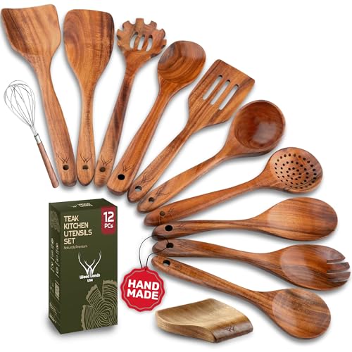 Image of 12 Pcs Wooden Cooking Utensils Set - Luxury Wooden Kitchen Utensils with Holder, Versatile Wooden Spoons for Cooking & Durable Teak Wood Utensil Set for Modern Home - Cooking spoons with Spatula