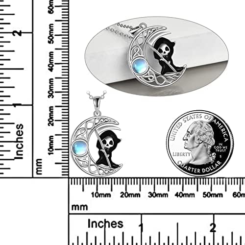 CRMAD Moonstone Skull Necklace Halloween Jewelry for Women Sterling Silver Grim Reaper Moon Wiccan Necklace
