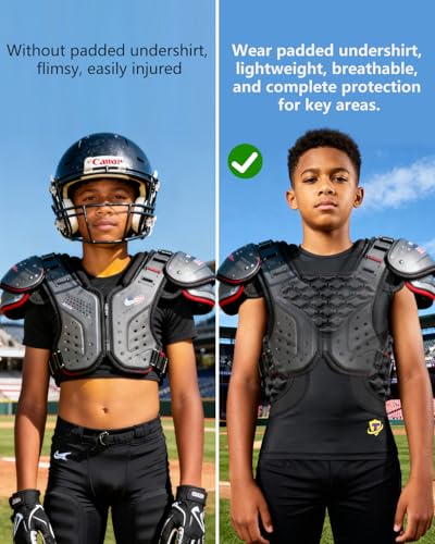 TIAXU TIAXU Youth Football Padded Shirt, Chest Rib Protector, Boys Heart Guard Sternum Protection, Kids Rugby Baseball Girls Softball Undershirt Youth Padded Compression Shirt with 5-Pad