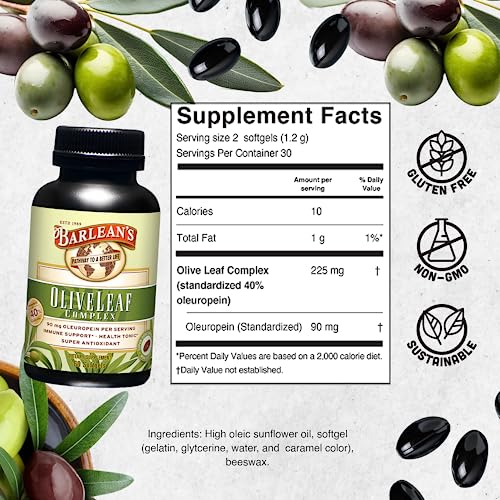 Barlean's Olive Leaf Complex Softgels Immune Support Supplement With 90 Mg Oleuropein Antioxidants, Concentrated Heart Health & Immunity Booster Pills, 60 Count #TOP5