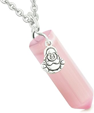 Happy Laughing Buddha Magic Powers Amulet Crystal Point Pendant Pink Simulated Cats Eye 22 inch Necklace