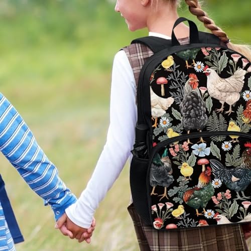Cute 17 Inch Kids School Backpack for Girls with Front Pocket Padded Straps Nostalgic Chicken Rooster Backpack Girls Lightweight Print Bookbag Black Simple Style Student Daypack4