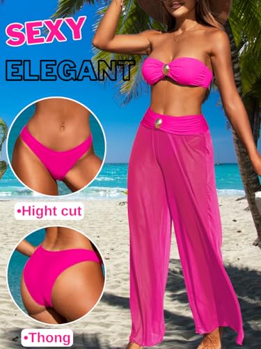 Women 3 Piece Sexy Swimsuit, Bandeau Strapless Bikini Set, Color Block High Waisted Bathing Suit Cover Up Pants Beach4