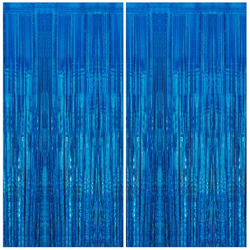 2 Pack 3.3 x 8.2 ft Tinsel Foil Fringe Curtain Backdrop, Upgraded Blue Glitter Metallic Streamers Backdrop Curtains for Birthday Parties, Baby Shower, Under the sea, Ocean Mermaid Party Decorations