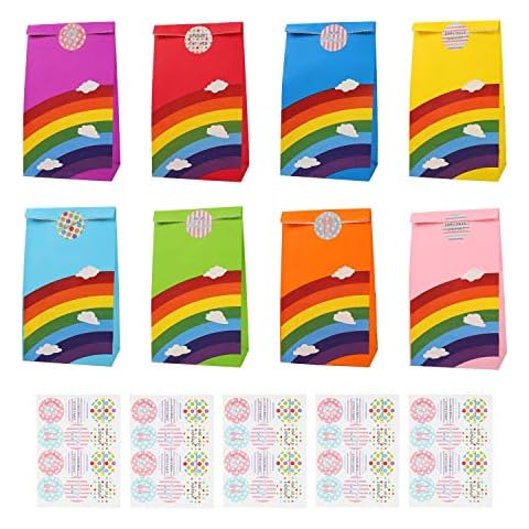 Ulikey 48 Pcs Rainbow Party Bag with 60 Stickers, Paper Gift Bags Candy Bag for Chirstmas Birthday Party Wedding Supplies Cover