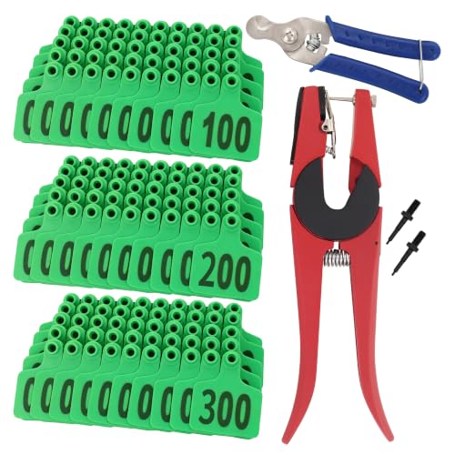 Cattle Ear Tags 001-300, 300Pcs Plastic Livestock Ear Tag for Cows Goats Sheep Pigs with Pliers Applicator & 2 Pins, Animal ID Tags for Ranch Farm Herd Tracking, Laser Print (001-300, Green)