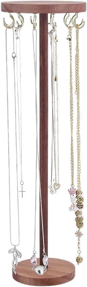 Jewelry Holder Stand 9.84" Tall Necklace Organizer Rack Wooden Jewelry Storage Organizer Rack with 12Pcs Light Gold Iron Hooks for Necklaces Bracelets Rings Earrings