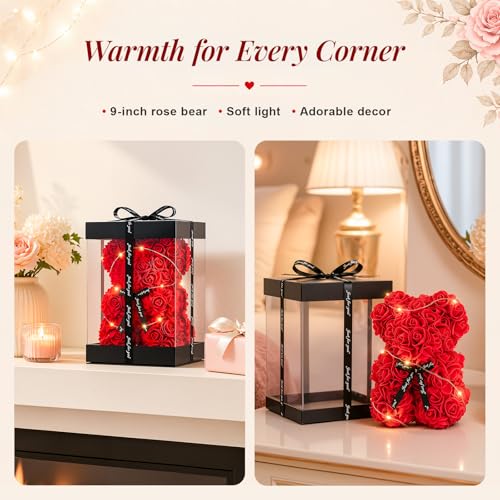 Otlonpe Preserved Artificial Roses Flowers Bear, Forever Women Gifts for Birthday Christmas Valentines Mothers Day, 9'' Red Rose Flower Small Bear Lamp in Box, Gifts for Women Mom Grandma Daughter - Image 4