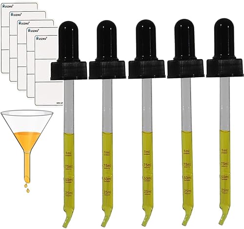Miniatura 6 de HUIZHU 5 botellas cuentagotas de vidrio ámbar de 4.1 fl oz, botellas rellenables, botella dispensadora con pipetas cuentagotas para aceites