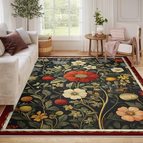Tapis vert foncé 140x200 fleuri lavable et antidérapant pour salon