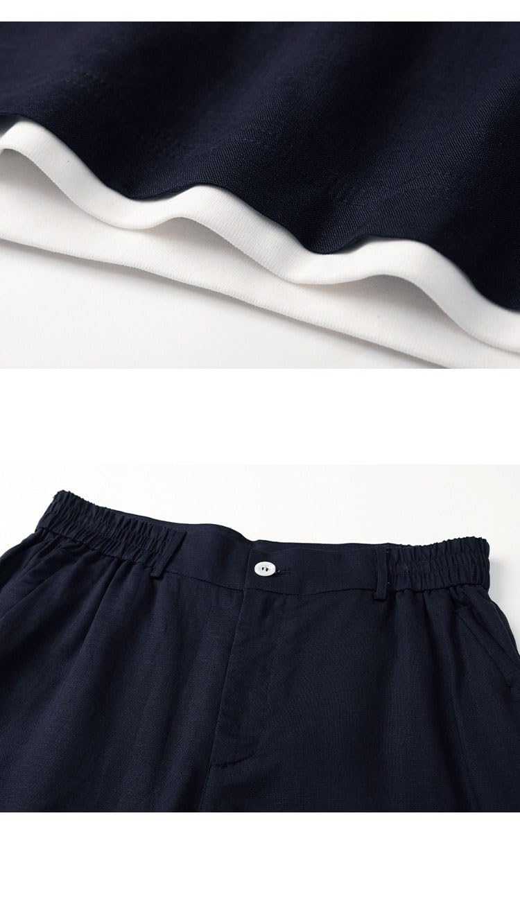 Men's Summer Tencel Linen Lightweight Short Sleeve Set Casual Shorts 2 Piece Outfit
