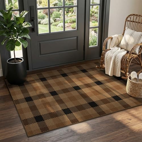 Brown Checkered 3x5 Outdoor Balcony Rugs - Easy Jute Dark Plaid Rug Indoor Door Mats for Entryway, Front Porch, Kitchen Floor, Washable Non Slip Earth