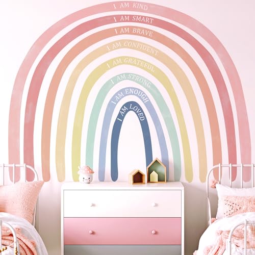 Large Watercolor Rainbow Wall Decals with Inspirational Quote, Colorful Peel
