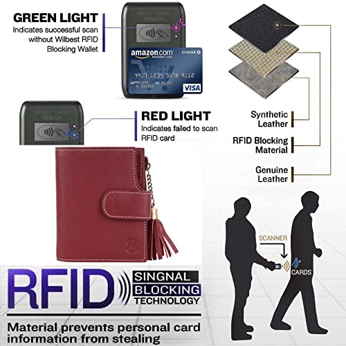 Image of Zeetap Wallets for Women Genuine Leather Beautiful Ladies Wrist Wallet Tri-fold Wallet for Women, Unisex Wallet with RFID Protection (Garnet Red)