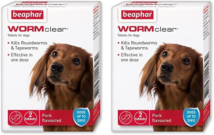 Beaphar WORMclear Tablets for Dogs, Kills all Common UK Intestinal Worms (Roundworms and Tapeworms), Vet Strength Treatment, Pork-Flavoured, 2 Tablets, Up to 20 kg (Pack of 2)