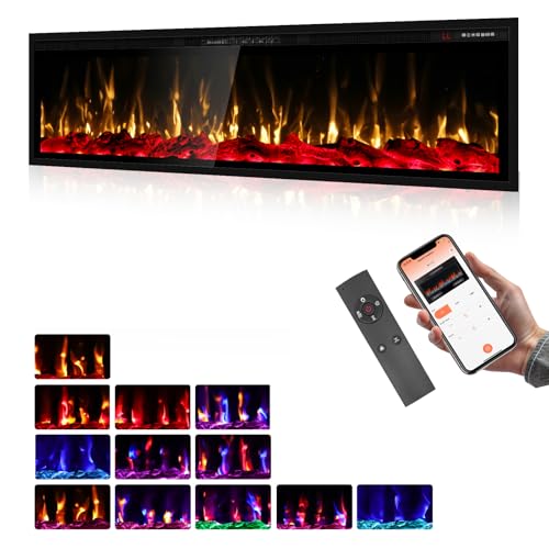 BREEZEHEAT 68 Inch Electric Fireplace-Smart WiFi Fireplace Heater Recessed Wall Mounted, Remote Control, Touch Screen, 750W/1500W, 8H Timer for Living