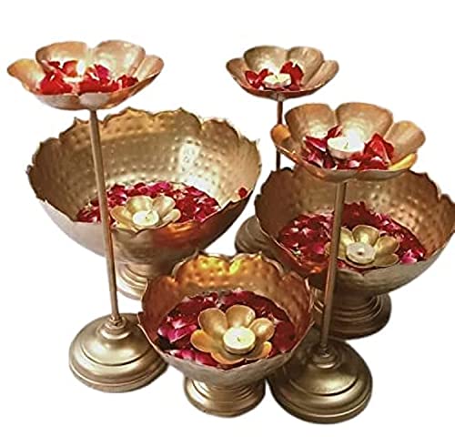 Anch Taj Bowl Hammered Urli Candle Stand With Floating Diya | For Home Decor And Festival Show Piece Flowers - 9 Pieces Combo (Iron)