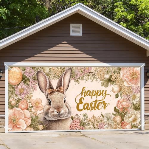 Image of Easter Garage Door Cover 157.48 x 70.87 Inch Floral Frame Cute Bunny Happy Easter Text Elegant Spring Illustration Outdoor Garage Decor Seasonal Family Celebration Spring Yard Display