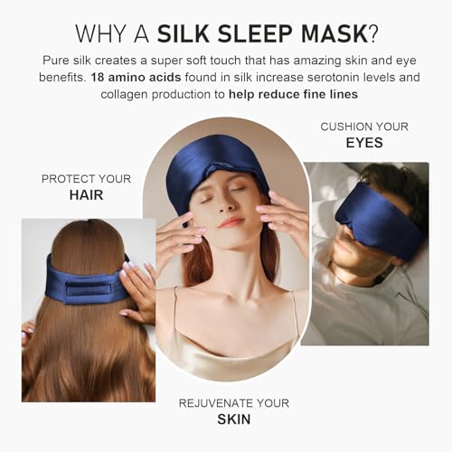 Image of LitBear Silk Sleep Mask for Side Sleeper, Eye Mask Sleeping for Women Men 100% 22 Momme Pure Mulberry Silk, Face-Hugging Padded Eye Cover for Sleeping with Adjustable Band (Midnight Blue)