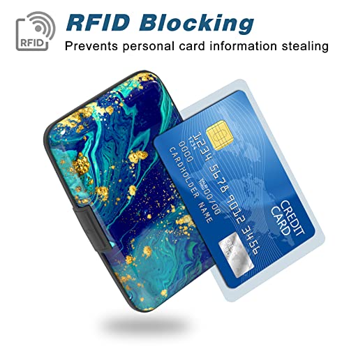 Image of Credit Card Holder, Mini Aluminum Card Wallet RFID Blocking Slim Metal Hard Card Case for Women Men, Blue Green Marbling