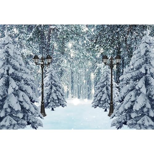 MIRRORANG 4,5x3m Winter Scenery Backdrops Christmas Forest Path Streetlamp Wonderland Falling Snowflake Snow Covered Tree Party Photography Backgrounds Banner Decorations Photo Studio Props