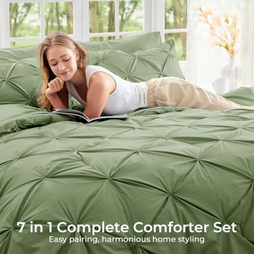 Image of Sasttie Queen Comforter Set, 7-Piece Bed in a Bag, Pintuck Bedding Sets for All Season, Includes Comforter, Flat Sheet, Fitted Sheet, Pillowcases and Pillowshams, Pale Green