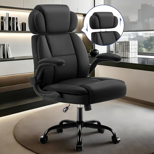 AreShark Ergonomic Office Chair with Lumbar Support 400lbs Heavy Duty Big and Tall Executive Desk Chair PU Leather High Back Computer Chair with Flip-Up Arms & Adjustable Headrest Black