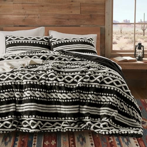 Image of Wonderful Tufted Boho Comforter Set Queen, 3 Piece Fair Isle Geometric Jacquard Lightweight Comforter with Washed Brushed Backing, Skin-Friendly Rustic Plush Blanket for All Season, Black, 90 inchx90 inch | 3D Tufted Jacquard
