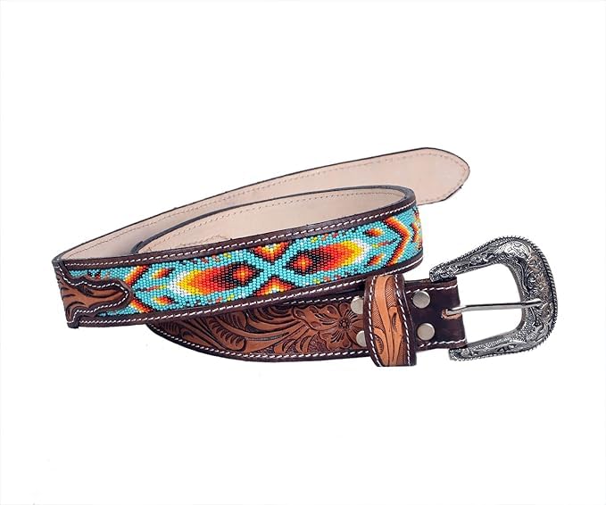 Leather Belt Good Handmade Beaded Men's Quality Thick Durable Wax Colorful Designs Cowboy Western Style Alloy Classic Fitted Casual Formal Wear in Pant Trouser Jeans Size: W-34-37/L-43in2