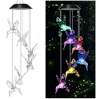 Vency Solar Power Lamp, Color Changing Solar Hummingbird Wind Chimes, LED Decorative Mobile, Waterproof Outdoor Decorative Lights for Patio Balcony Bedroom Party Yard Garden (Clear Wing Hummingbird)