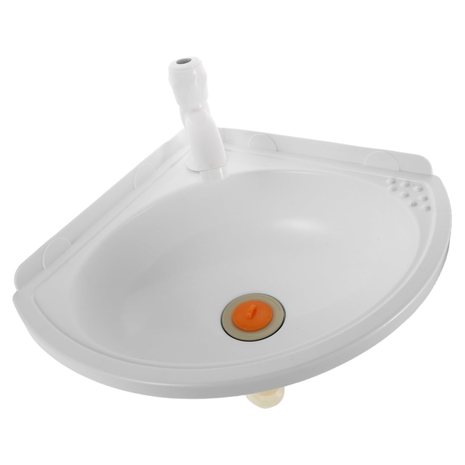 Lavabo de esquina blanco triangular en plástico con grifo para baños pequeños