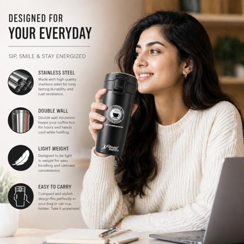 Image of Fitness Mantra Stainless Steel Coffee Mug 380ml | Double Wall Insulated Travel Mug | Leak Proof Lid | Hot & Cold Thermal Cup | Portable & Lightweight for Office, Car & Travel