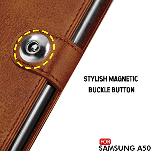 Image of TheGiftKart Genuine Leather Finish Flip Cover for Samsung Galaxy A50s / A50 / A30s | Inside Pockets & Inbuilt Stand | Wallet Style Back Case | Designer Button Magnet Closure (Brown)
