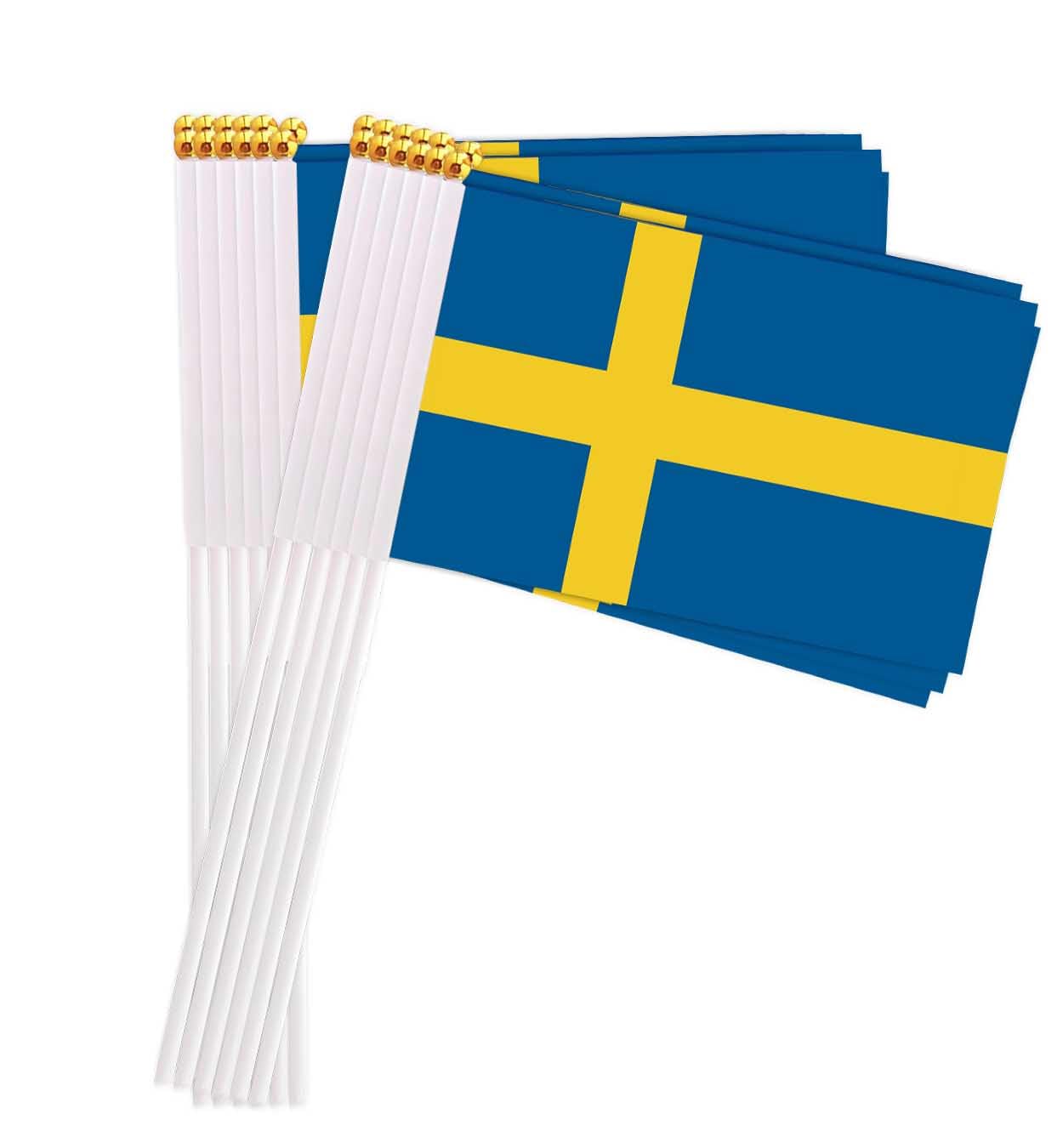 25 Packs Small Sweden Flags on Handheld Stick，Miniature Swedish Flag for Outside,4x6 Inch Mini Hand Held Banner with Golden Topper,Patriotic