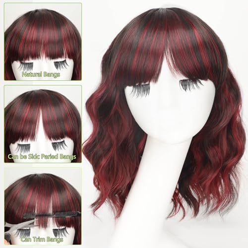 Image of AISI HAIR Synthetic Wavy Curly Bob Wig with Bangs Brown Mix Wine Red Short Hair for Women Synthetic Heat Resistant Bob Wigs