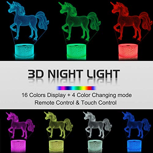 FULLOSUN 3D Kids Unicorn Night Light Optical Illusion Bedside Lamp,16 Colors Change with Remote Control Home Decor, Xmas Birthday Gift for Childs Girls Women