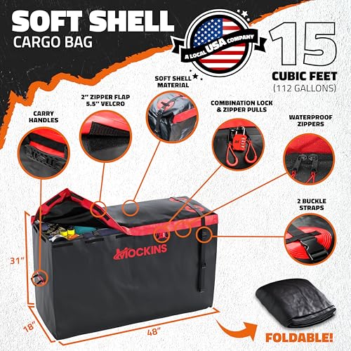 Mockins 15 CuFt. Soft-Shell Trailer Hitch Cargo Carrier Bag w/ 4 Packing Cubes | 48\"x18\"x31\" All Weather, Waterproof Cargo Bag for Hitch Carrier & Truck Bed Waterproof Storage w/Buckle Straps & Lock