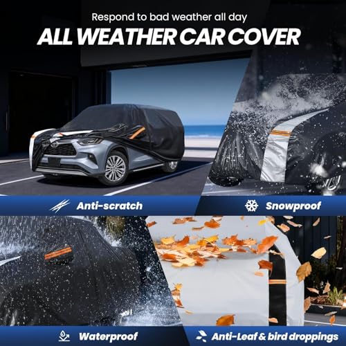 Image of Multi-Layer Car Cover Custom Fit for Toyota Highlander(2001-2026), 100% Waterproof All Weather for Automobiles, Gift with Towel, Heavy Duty Car Covers for Rain Sun UV Protection with Door Zipper