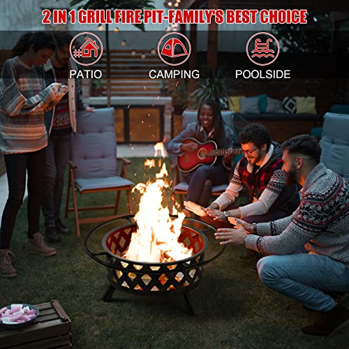 Aoxun Fire Pit 30In With Grill Outdoor Wood Burning 2 In 1 Fire Pit With Fire Poker (Black) #TOP1