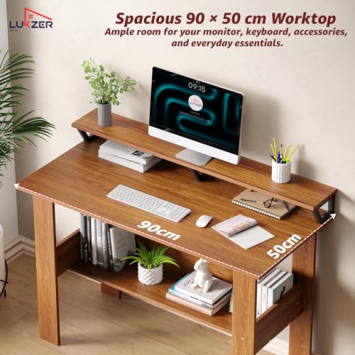 Image of Lukzer Study Table with Monitor Riser & Open Book Shelf (MST-004 /Oak Brown) Engineered Wood Computer Table for Laptop, PC & Home Office, DIY Office Desk with Storage Organizer Shelf (90 x 86 x 50cm)