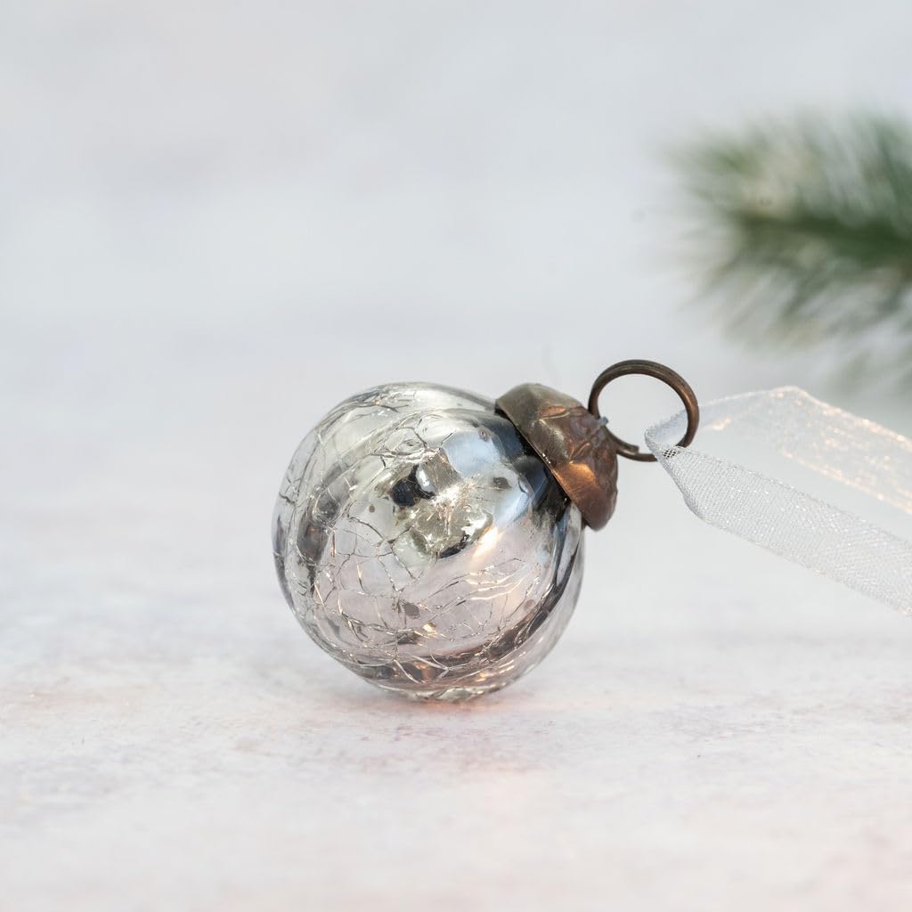 Arthur Cameron Slate – Handmade, Mouth-Blown 1" Ribbed Glass Mini Baubles With Bronze Cap, Ribbon & Organza Bag – Elegant Small Christmas Baubles & Christmas Hanging Decorations (Slate)
